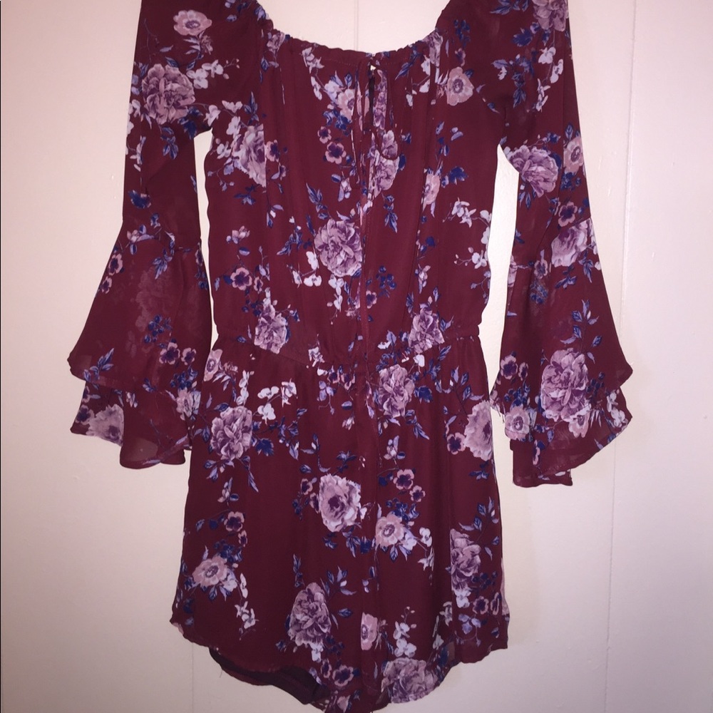 Rue 21 Maroon Floral Off the Shoulder Romper